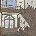 Vintage Style Elevator Hallway With Wooden Decor Arched Door Windows Wall Lamps And Rug