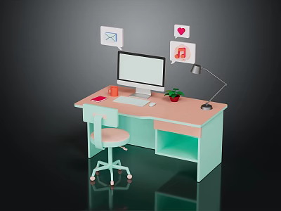 Modern Home Office Desk Setup With Computer Monitor Desk Lamp And Ergonomic Chair 3d model