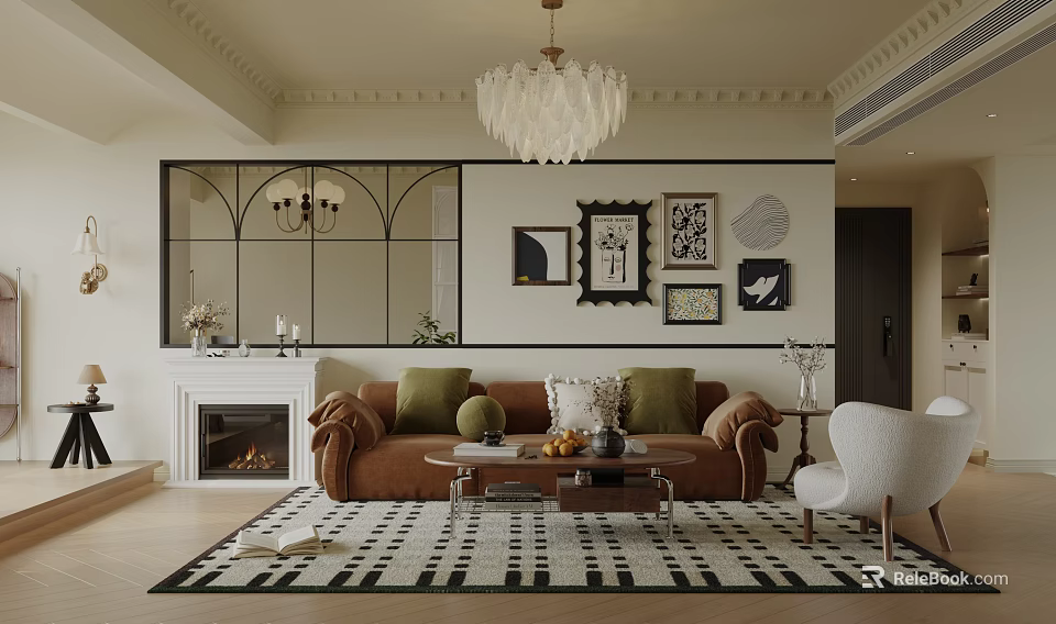 Living Room Interior Design With Feather Chandelier Decorative Mirror Fireplace Brown Sofa And Checkered Rug 3d model 