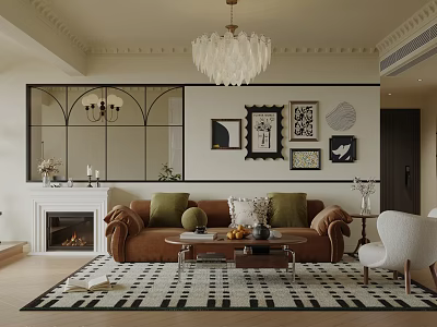 Living Room Interior Design With Feather Chandelier Decorative Mirror Fireplace Brown Sofa And Checkered Rug 3d model