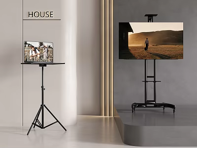 Modern TV With Tripod And Wheeled Stands In Contemporary House Interior 3d model