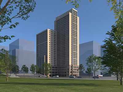 Modern Twin Tall Office Building Exterior With Green Lawn Trees And Blue Sky 3d model