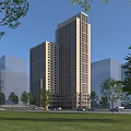 Modern Twin Tall Office Building Exterior With Green Lawn Trees And Blue Sky