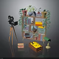 Vintage Study Nook With Bookcase Camera On Tripod Plants Books Lamp And Chest
