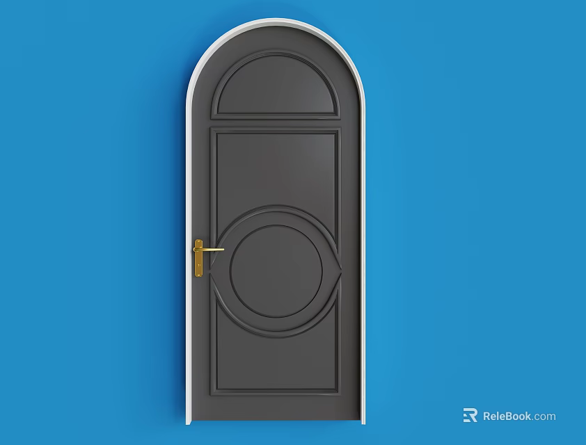 Dark Gray Swing Door With White Frame And Golden Handle On Blue Background 3d model 