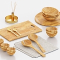 Tableware Dining Table Ornaments Chopping Board Dishes Wooden Spoon Wooden Bowl 3d model