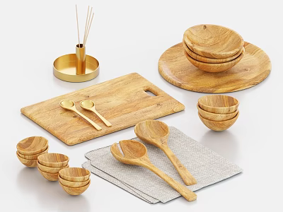Wooden Tableware Set With Bowls Spoons Cutting Board Tray And Golden Aroma Holder 3d model
