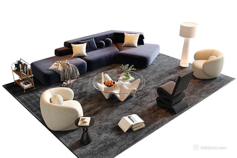 Modern Blue Sofa and Glass Coffee Table Set with Pillows Accent Chairs and Floor Lamp 3d model 