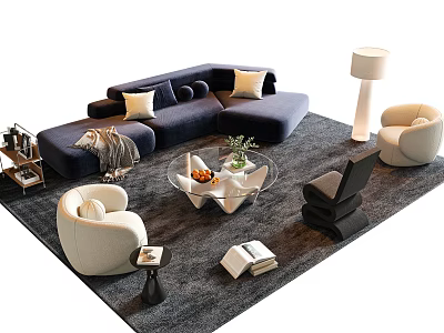 Modern Blue Sofa and Glass Coffee Table Set with Pillows Accent Chairs and Floor Lamp 3d model