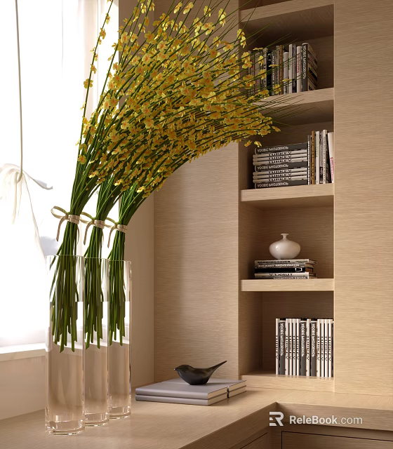 Yellow Flowers in Clear Vase with Bookshelf and Beige Interior Wall 3d model 