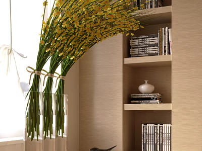Yellow Flowers in Clear Vase with Bookshelf and Beige Interior Wall 3d model