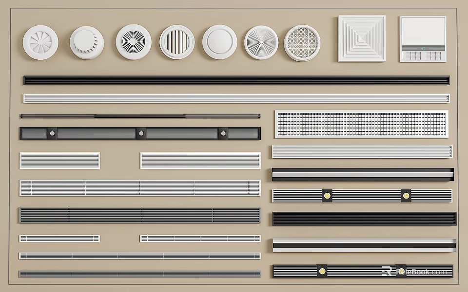 Diverse Air Conditioner Vent Types Featuring Circular Square and Linear Grille Designs 3d model 