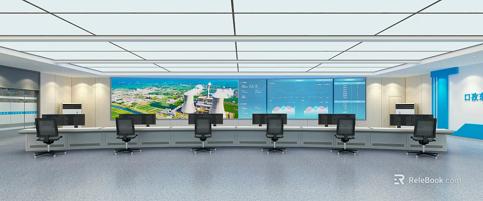 Control Room With Multiple Large Monitoring Screens Data Display Panels Operator Workstations And Ergonomic Chairs 3d model 