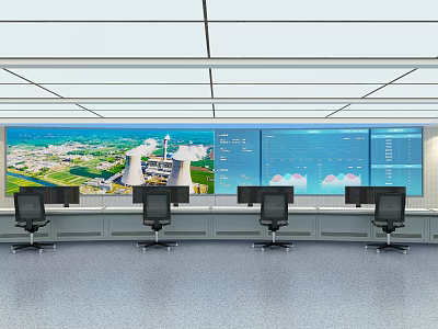 Control Room With Multiple Large Monitoring Screens Data Display Panels Operator Workstations And Ergonomic Chairs 3d model