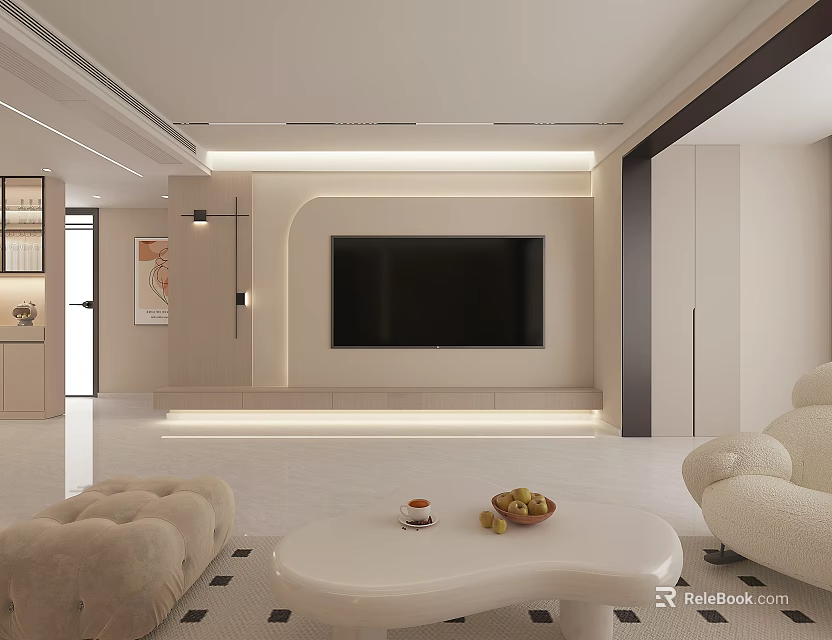 Modern Open Concept Dining and Living Room Interior With Sofa Coffee Table and TV Wall 3d model 