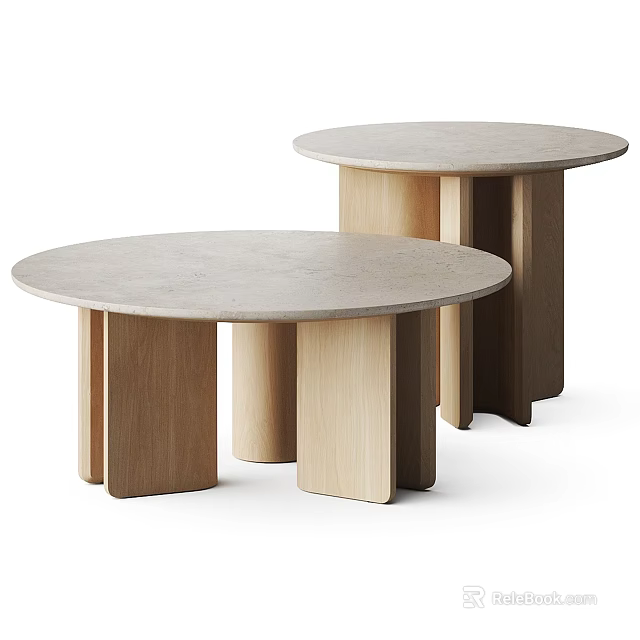 Two Round Coffee Tables With Light Colored Stone Tops And Wooden Column Bases 3d model 