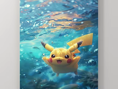 Cute Yellow Pikachu Underwater Animal Painting With Bubbles And Water Ripples 3d model