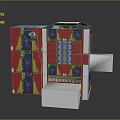 Vibrant Scene Component Featuring Red Blue Panels With Geometric Decorative Designs And White Base