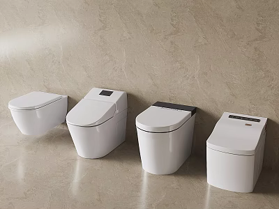 Four Modern Toilets With Different Designs And Marble Bathroom Background 3d model