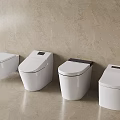 Four Modern Toilets With Different Designs And Marble Bathroom Background
