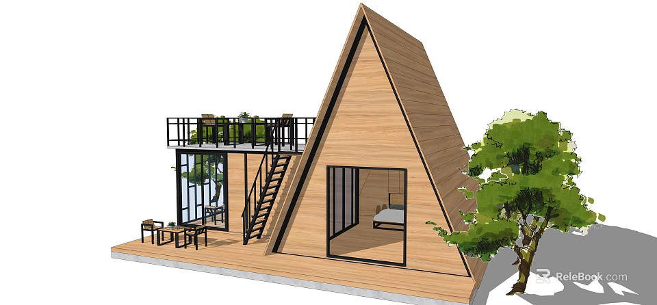 A Frame Wooden House With Balcony Staircase Large Windows And Outdoor Seating 3d model 