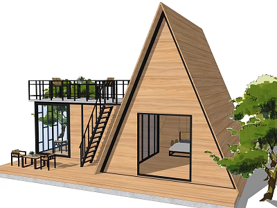 A Frame Wooden House With Balcony Staircase Large Windows And Outdoor Seating 3d model