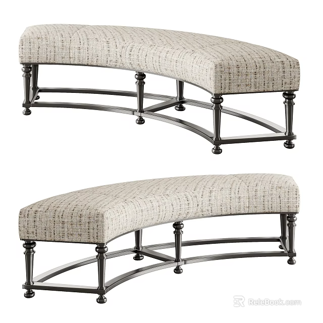 Upholstered Beige Textured Sofa Bench With Metal Legs Curved And Straight Designs 3d model 