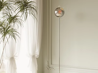 Modern Floor Lamp with Palm Plant White Curtains and Light Colored Wall Decorative Molding 3d model
