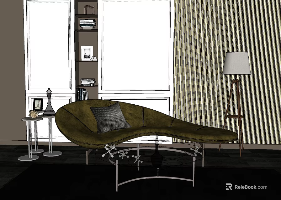 Stylish Floor Lamp in Modern Living Room with Green Sofa Side Table and Bookshelf 3d model 