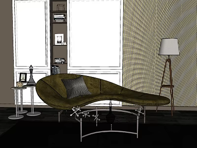 Stylish Floor Lamp in Modern Living Room with Green Sofa Side Table and Bookshelf 3d model