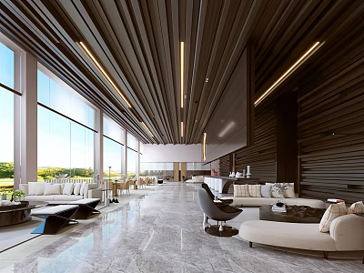 Modern Spacious Sales Office Interior With Floor to Ceiling Windows Wooden Ceiling And Marble Floor 3d model
