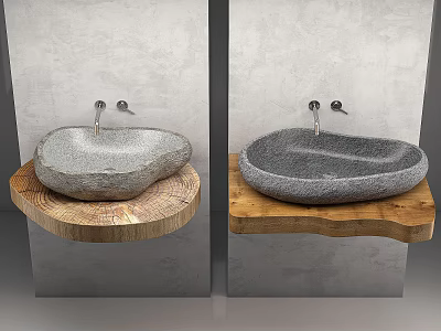 Natural Stone Washbasin with Modern Faucet on Wooden Base and Concrete Wall 3d model