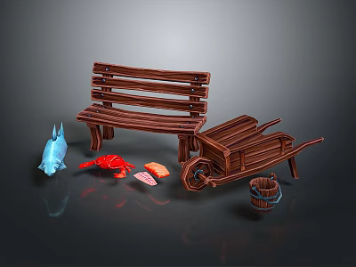 Rustic Outdoor Decor With Wooden Bench Wheelbarrow Lobster Fish And Bucket 3d model