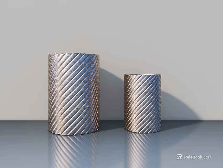 Shiny Silver Cylindrical Sculpture Carving With Diagonal Patterns In Two Sizes 3d model 