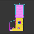 Colorful Cartoon Fairy Tale House With Yellow Walls Pink Roof Blue Windows And Purple Door
