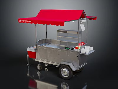 Playland Food Cart with Red Awning Silver Body Serving Window and Wheels 3d model
