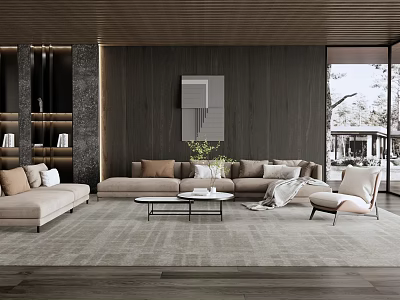 Modern Living Room Interior Design With Wooden Walls Sectional Sofa And Area Rug 3d model