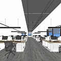 Modern Office Interior With Spacious Layout Desks Computers Chairs Gray Carpet And Hanging Lights 3d model