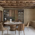 Rustic Kitchen Interior With Wooden Ceiling Cabinets Marble Round Table Wooden Chairs And Green Plant
