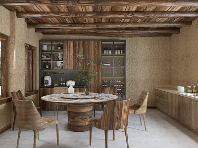 Rustic Kitchen Interior With Wooden Ceiling Cabinets Marble Round Table Wooden Chairs And Green Plant 3d model