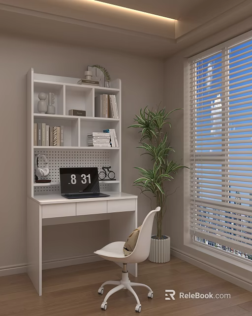 White Home Office Desk With Laptop Books Decorative Bookshelf Green Plant And Chair 3d model 
