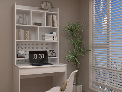White Home Office Desk With Laptop Books Decorative Bookshelf Green Plant And Chair 3d model