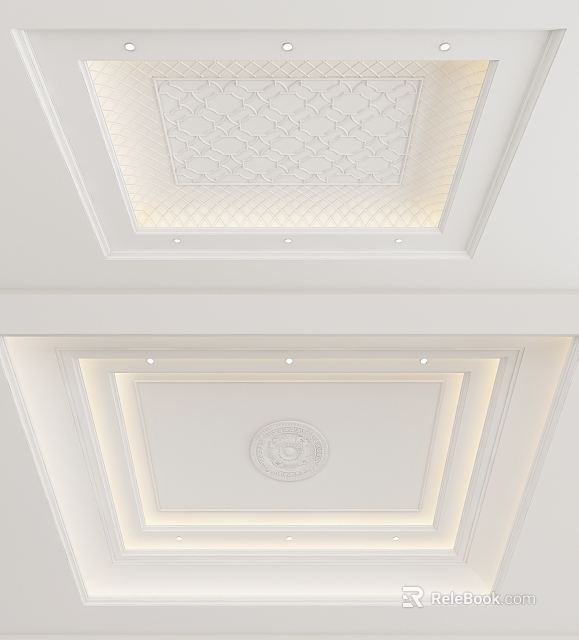 Elegant Modern Ceiling Design With Gypsum Lines Recessed Lighting Decorative Diamond Pattern And Central Circular Relief 3d model 