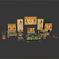 Ancient Egyptian Style Interior Setup With Decorative Screens Cabinets Bed And Plants 3d model