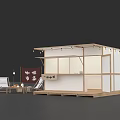 Coffee Market Stall With Red Signboard And Outdoor Chairs Setup