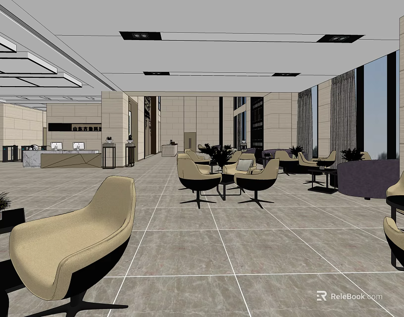 Modern Front Desk Reception Area With Reception Desk Comfortable Chairs And Large Windows 3d model