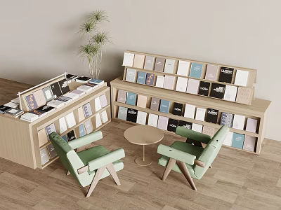 Modern Bookshelf Interior Featuring Light Green Chairs Round Coffee Table Books And Potted Plant 3d model