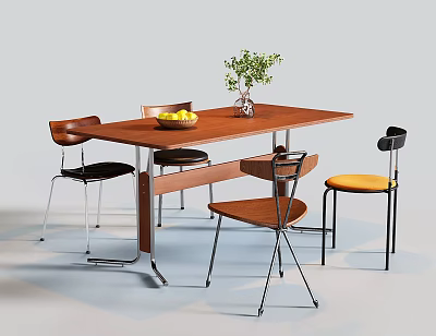Stylish Wooden Dining Table and Chairs Set With Green Plant and Fruit Bowl 3d model