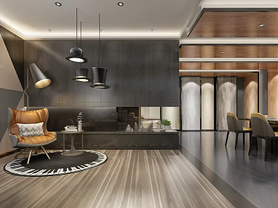 Modern Elegant Leisure Area Interior With Pendant Lights Wooden Flooring And Round Rug 3d model