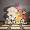 Colorful Balls And Flower Decor With Cartoon Cow For Happy 102 Days Celebration